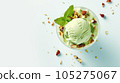 Advertising shot, green nut ice cream ball with pistachios in a cup, top view, isolated on light green background. High quality illustration 105275067