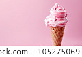 Advertising shot, pink fruit ice cream in a cone front view isolated on light pink background. High quality illustration 105275069