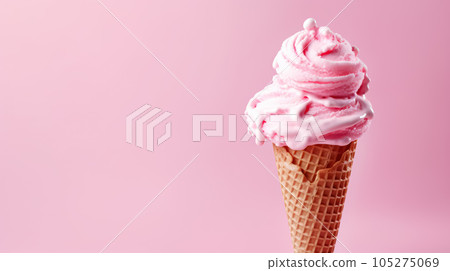 Advertising shot, pink fruit ice cream in a cone front view isolated on light pink background. High quality illustration Advertising shot, pink fruit ice cream in a cone front view isolated on light pink background. High quality illustration 105275069