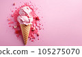 Advertising shot, pink fruit ice cream with berries in a cone top view isolated on light pink background. High quality illustration 105275070