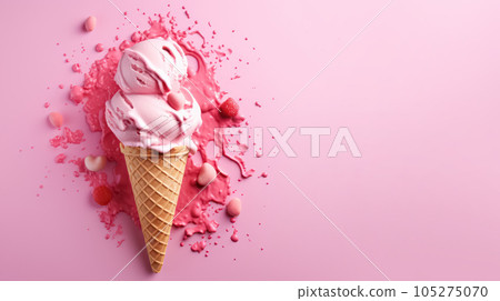 Advertising shot, pink fruit ice cream with berries in a cone top view isolated on light pink background. High quality illustration Advertising shot, pink fruit ice cream with berries in a cone top view isolated on light pink background. High quality illustration 105275070