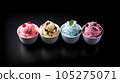 Advertising shot, several bowls of different ice cream in a row with berries, top view, isolated on black background. High quality illustration 105275071