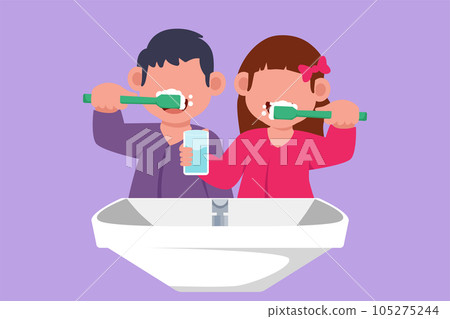 Cartoon flat style drawing boys and girls are brushing their teeth in bathroom sink. Routine habits for cleanliness. Healthy mouth and teeth campaign for children. Graphic design vector illustration Cartoon flat style drawing boys and girls are brushing their teeth in bathroom sink. Routine habits for cleanliness. Healthy mouth and teeth campaign for children. Graphic design vector illustration 105275244