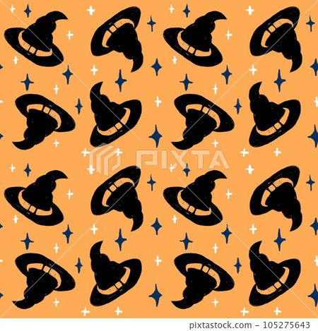 Hand drawn seamless pattern with black Halloween witch witchcraft hat on orange background. Fall autumn scary spooky horror print, cute funny kawaii season art. 105275643