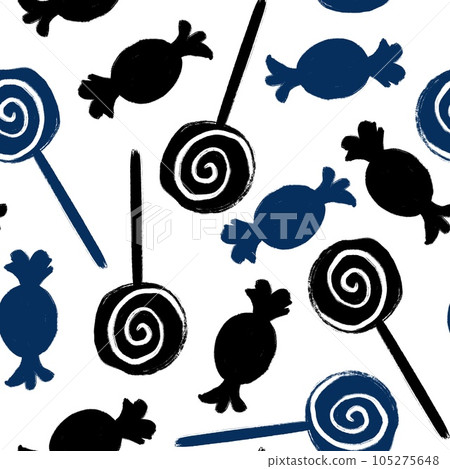 Hand drawn seamless pattern with trick or treat sweets candies for Halloween in black blue on white background. Scary spooky horror dessert for kids children nursery design. 105275648