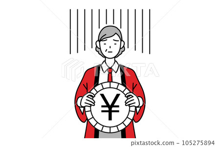 Image of exchange loss and yen depreciation, senior female salesperson wearing red happi coat 105275894