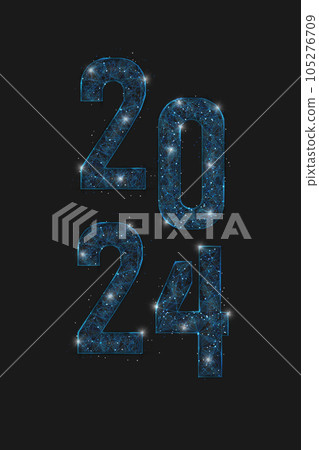 Abstract isolated blue image of new year number 2024. Polygonal low poly wireframe illustration looks like stars in the blask night sky in spase or flying glass shards. Digital web, internet design. 105276709