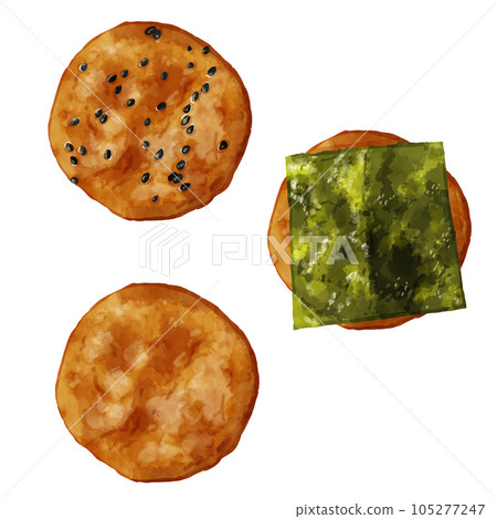 Hand drawn watercolor soy sauce senbei, sesame senbei and seaweed senbei illustration set 105277247