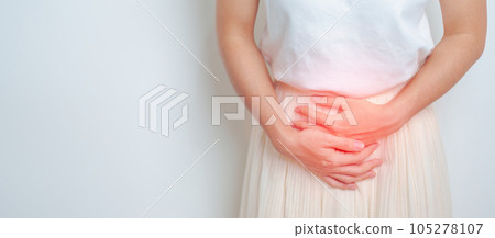 Woman having abdomen pain. Ovarian and Cervical cancer, Cervix disorder, Endometriosis, Hysterectomy, Uterine fibroids, Reproductive, menstruation, Stomach, Pregnancy and Sexual Transmitted disease 105278107
