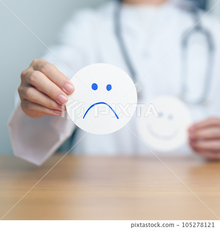 Doctor show Unhappy sad face paper, Mental health Assessment, Psychology, Health Wellness, Negative Feedback, Customer Review, Bad Experience, Satisfaction Survey, World Mental Health day concept 105278121