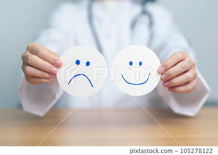 Doctor show Happy smile and Unhappy Sad face paper, Mental health Assessment, Psychology, Health Wellness, Feedback, Customer Review, Experience, Satisfaction Survey, World Mental Health day concept 105278122