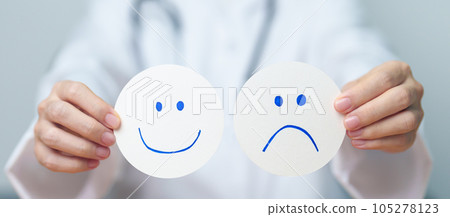 Doctor show Happy smile and Unhappy Sad face paper, Mental health Assessment, Psychology, Health Wellness, Feedback, Customer Review, Experience, Satisfaction Survey, World Mental Health day concept 105278123