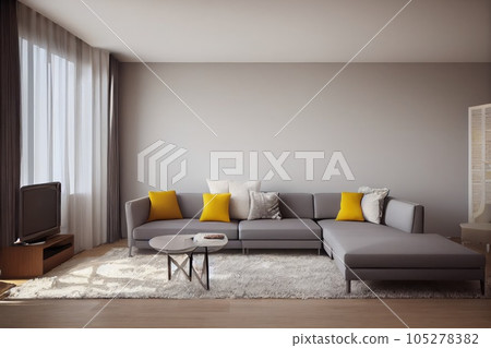 Elegant and comfortable designed living room with big corner sofa. Interior design modern apartment. Generative AI. 105278382