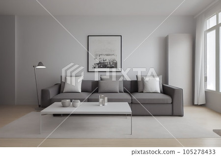 Elegant and comfortable designed living room with big corner sofa. Interior design modern apartment. Generative AI. 105278433