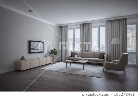 Elegant and comfortable designed living room with big corner sofa. Interior design modern apartment. Generative AI. 105278451