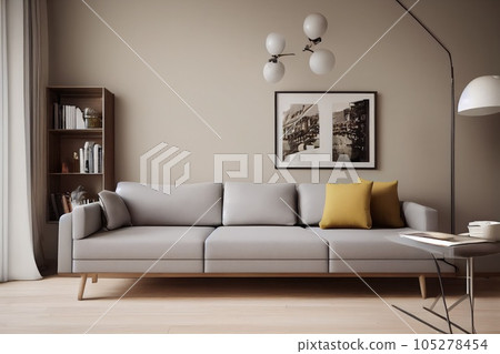 Elegant and comfortable designed living room with big corner sofa. Interior design modern apartment. Generative AI. 105278454