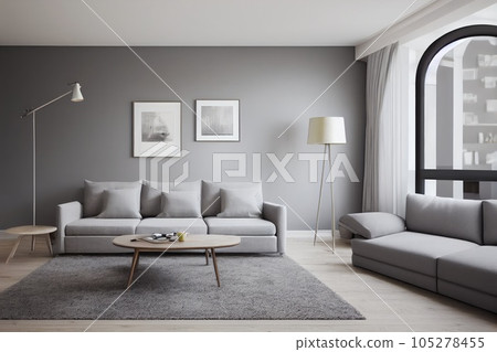 Elegant and comfortable designed living room with big corner sofa. Interior design modern apartment. Generative AI. Elegant and comfortable designed living room with big corner sofa. Interior design modern apartment. Generative AI. 105278455