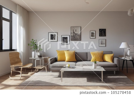 Elegant and comfortable designed living room with big corner sofa. Interior design modern apartment. Generative AI. 105278458