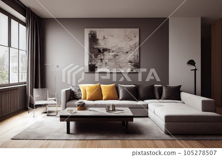 Elegant and comfortable designed living room with big corner sofa. Interior design modern apartment. Generative AI. 105278507