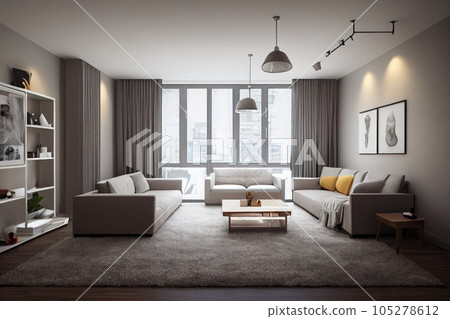 Elegant and comfortable designed living room with big corner sofa. Interior design modern apartment. Generative AI. 105278612