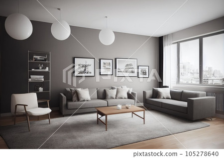 Elegant and comfortable designed living room with big corner sofa. Interior design modern apartment. Generative AI. 105278640