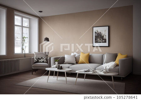 Elegant and comfortable designed living room with big corner sofa. Interior design modern apartment. Generative AI. Elegant and comfortable designed living room with big corner sofa. Interior design modern apartment. Generative AI. 105278641