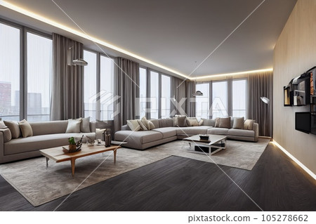 Elegant and comfortable designed living room with big corner sofa. Interior design modern apartment. Generative AI. 105278662