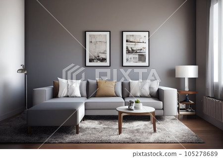 Elegant and comfortable designed living room with big corner sofa. Interior design modern apartment. Generative AI. 105278689