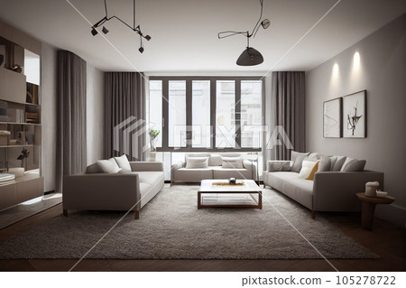 Elegant and comfortable designed living room with big corner sofa. Interior design modern apartment. Generative AI. 105278722