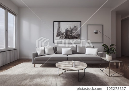Elegant and comfortable designed living room with big corner sofa. Interior design modern apartment. Generative AI. 105278837