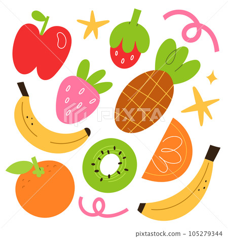 Bold fruit illustrations, pineapple, banana and strawberry, orange fruit. Simple vector illustrations Bold fruit illustrations, pineapple, banana and strawberry, orange fruit. Simple vector illustrations 105279344