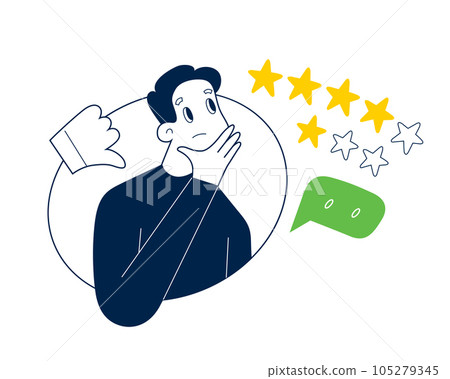 Disappointed customer leaves bad review, person chooses 3 stars rating, thumbs down icon, flat vector illustration 105279345