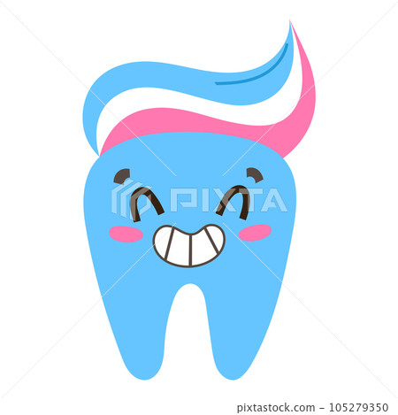 Cute tooth with toothpaste smear on top, smiling cartoon character, dental care illustration, flat vector icon  105279350