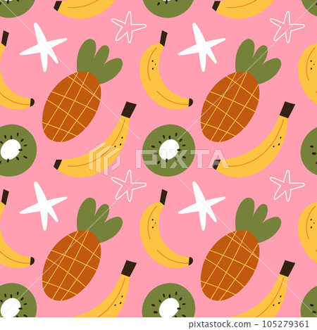Tropical fruit pattern, banana, pineapple and kiwi fruit illustrations on pink background, colorful repeat tile 105279361
