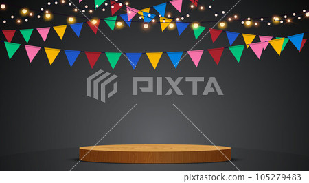 wooden podium with hanging neon light and hanging colorful flags in dark room wooden podium with hanging neon light and hanging colorful flags in dark room 105279483