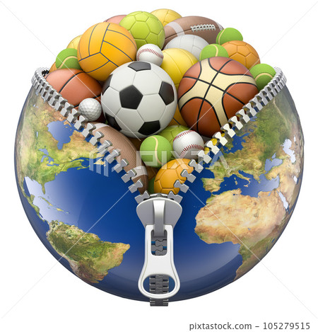 Earth globe with zipper full of sport balls isolated on white background - 3D illustration 105279515