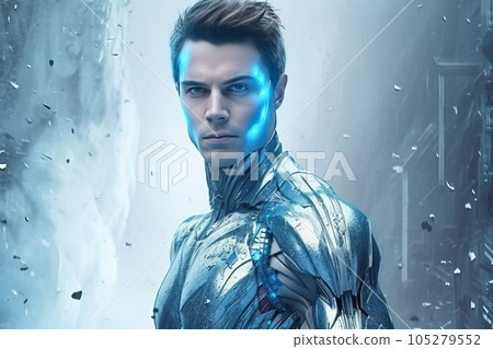 Man android robot on digital background. Man android robot on digital background. 105279552
