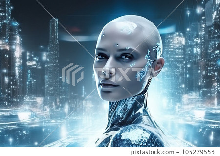Android robot with female face on digital background. Android robot with female face on digital background. 105279553