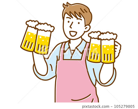 A man in an apron carrying a large beer mug with both hands 105279805