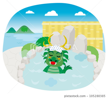A dragon soaking in an open-air bath with a view of the sea A dragon soaking in an open-air bath with a view of the sea 105280385