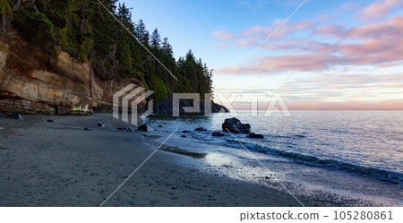 Panoramic View of Mystic Beach on the West Coast of Pacific Ocean. Summer Sunny Sunrise. 105280861
