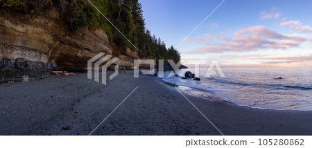 Panoramic View of Mystic Beach on the West Coast of Pacific Ocean. Summer Sunny Sunrise. 105280862