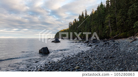 Panoramic View of Mystic Beach on the West Coast of Pacific Ocean. Summer Sunny Sunrise. 105280863