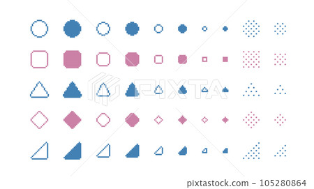 Pixel art, rounded corners, cute decorative illustration set, round triangle, square, rhombus, pixels 105280864