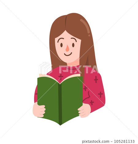 Woman or girl reading a book and wearing pink sweather for illustration 105281133