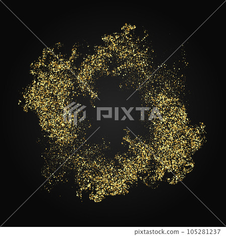 Gold glitters on a black background.Abstract background of gold particles in a circle,vector frame,holiday design element. Gold glitters on a black background.Abstract background of gold particles in a circle,vector frame,holiday design element. 105281237