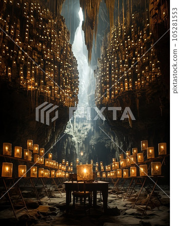 Computer in a cave, spirits try to decipher its code prehistoric stone age technology illustration generative ai Computer in a cave, spirits try to decipher its code prehistoric stone age technology illustration generative ai 105281553