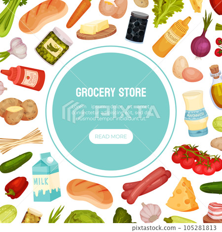 Grocery Food Store Banner Design with Market Products Vector Template 105281813