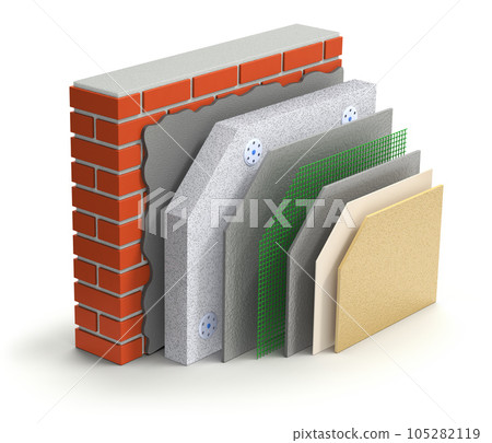 Layered brick wall thermal insulation concept on white background - 3d illustration 105282119