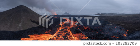 Aerial Panoramic view of Volcano Eruption, Litli-Hrutur Hill, Fagradalsfjall Volcano System in Iceland. Reykjanes Peninsula. High Resolution Ultra Wide Image. 105282709